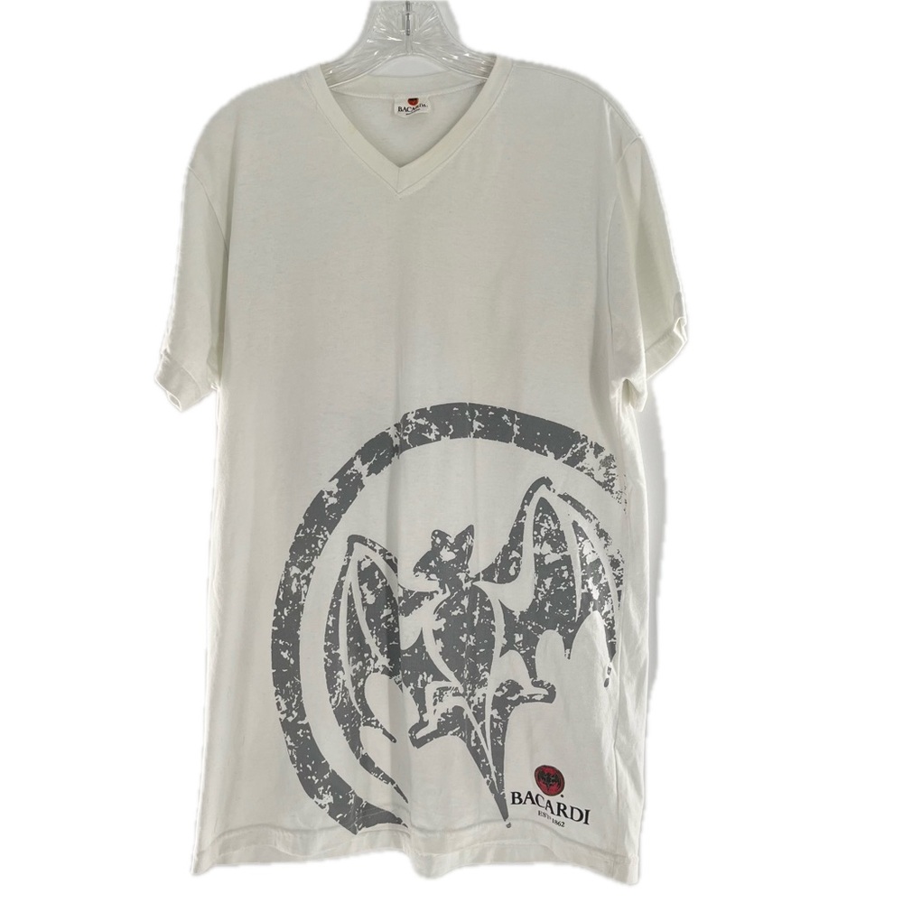 Vintage Y2K Bacardi Bat Logo V-Neck T-Shirt White/Gray Unisex Size Large Unisex